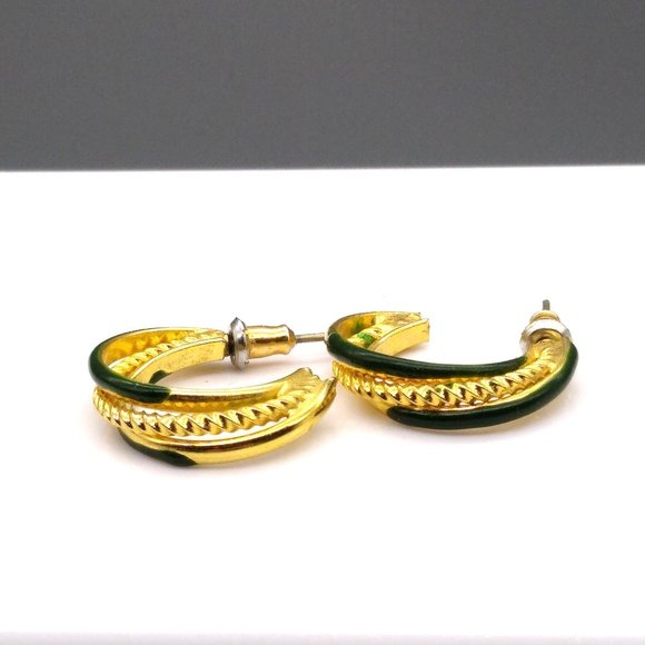 Vintage Enamel Triple Hoop Earrings, Gold Tone and Forest Green - Picture 2 of 4